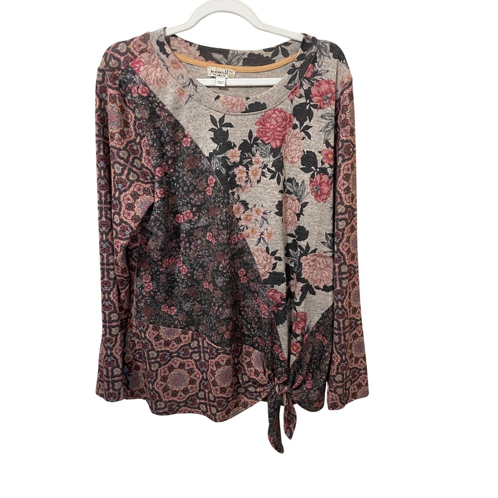 One World Size XL Mixed Floral Geometric Print Side Tie Sweater Knit Top Boho